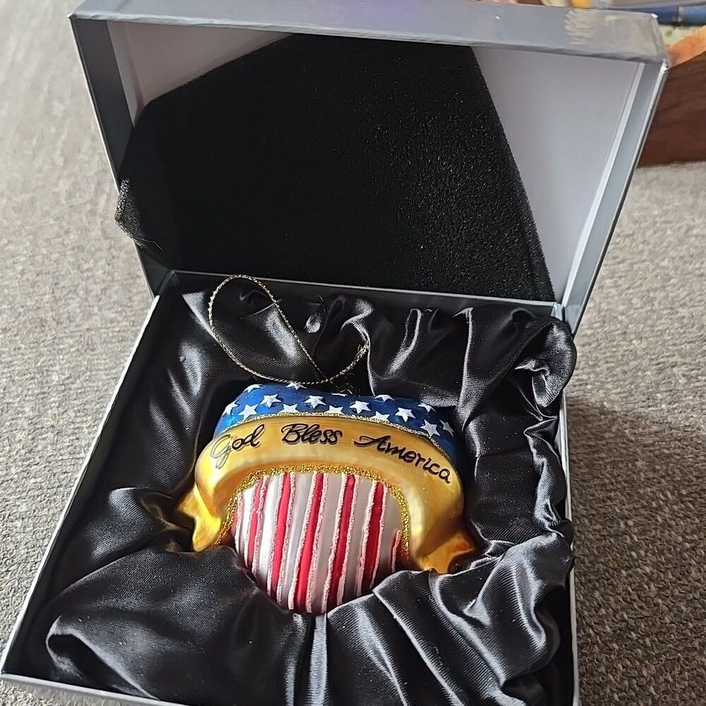 Valerie Parr Hill Christmas Glass Ornament American Flag Heart Patriotic USA